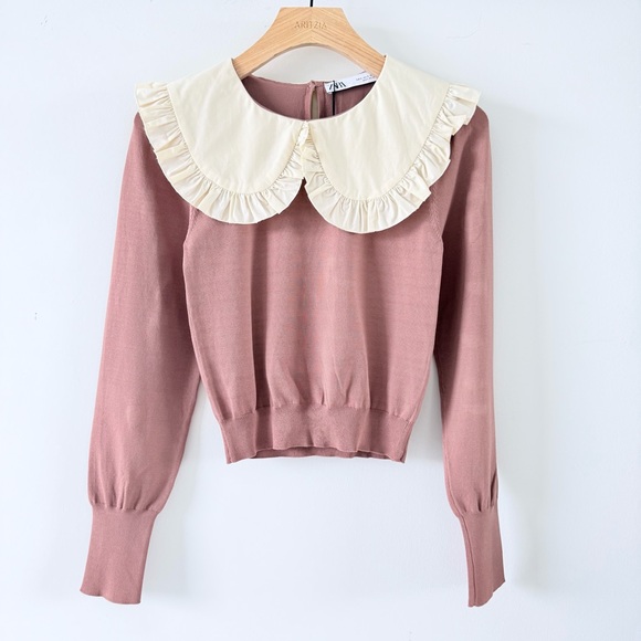 Zara Ruffled Peter Pan Collar Knit Top Blush Pink S - Picture 3 of 15